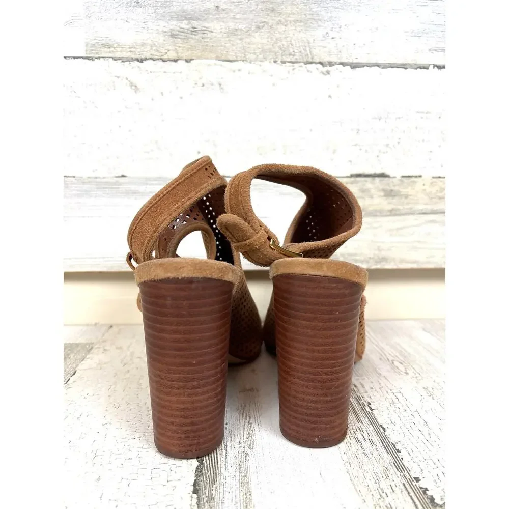 Tory Burch Women 7 Tan Jessie Perforated Suede High Heel Open Toe Strappy Bootie